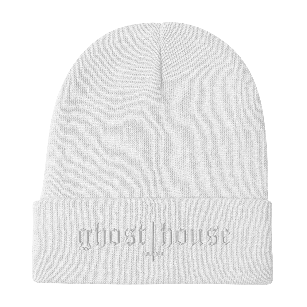 Old English Embroidered Beanie (White)